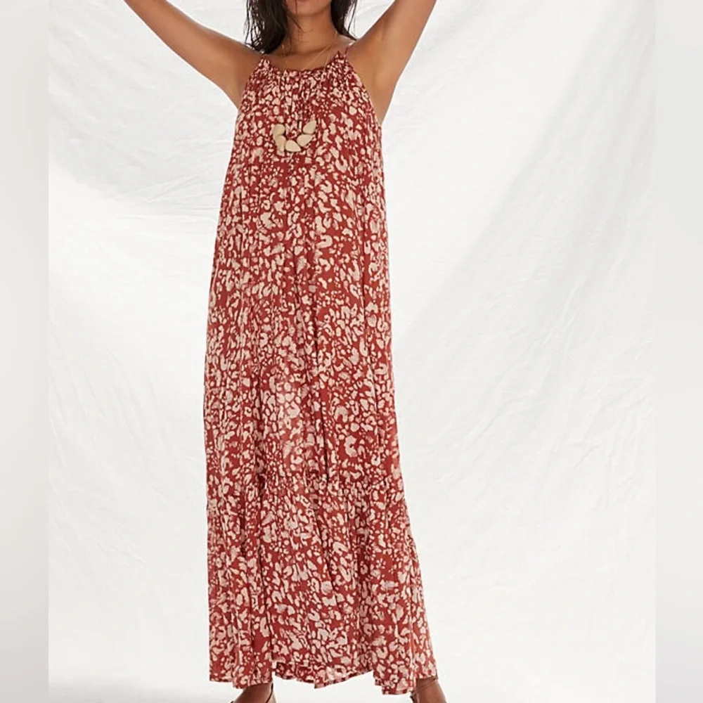 Anthropologie Flounced Maxi Lounge Dress Spaghetti Strap Abstract Low Back Large - Picture 2 of 6